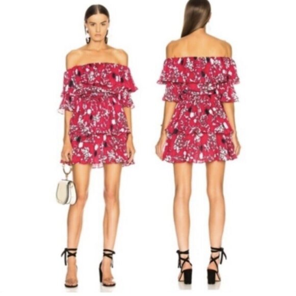Self-Portrait Tiered Off The Shoulder Mini Dress Red Floral Size 0 - Picture 1 of 9